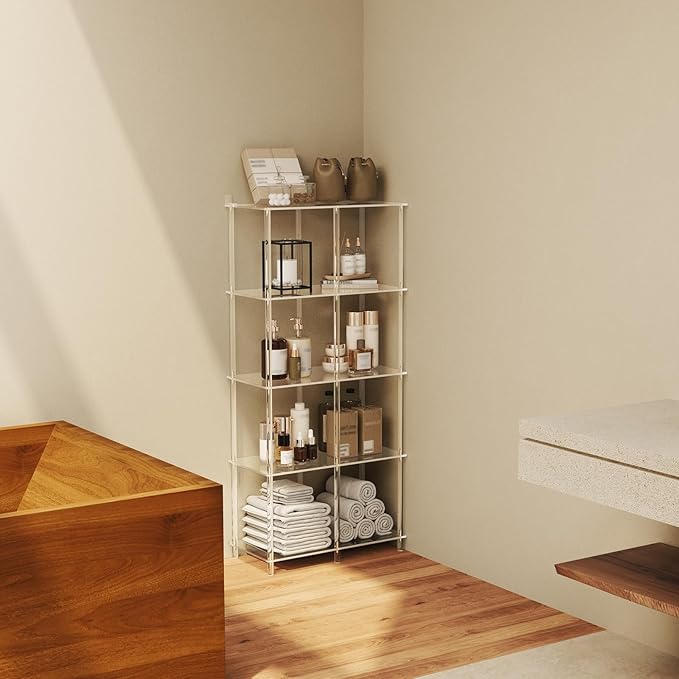 5-Tier Acrylic Bookshelf with 8 Cube Storage, Clear Bookcase for Home Office, Mordern, Multifunctional Open Book Shelves for Living Room, Bedroom, 50.8" H, Easy Assembly