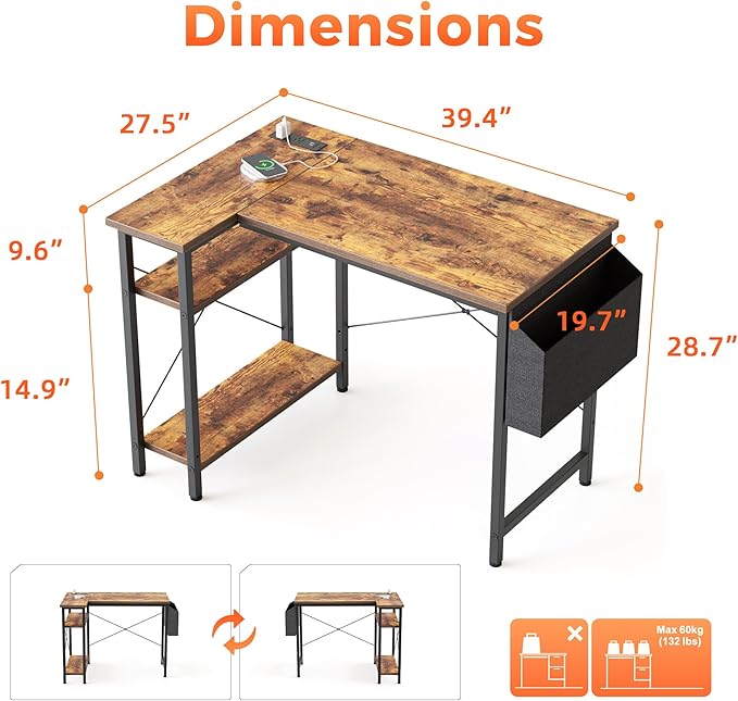 Small L Shaped Computer Desk with Power Outlets, Gaming Desk for Small Spaces, Corner Desk with Reversible Storage Shelves, Study Writing Table for Home Office (Socket, Rustic Brown, 40 inch)