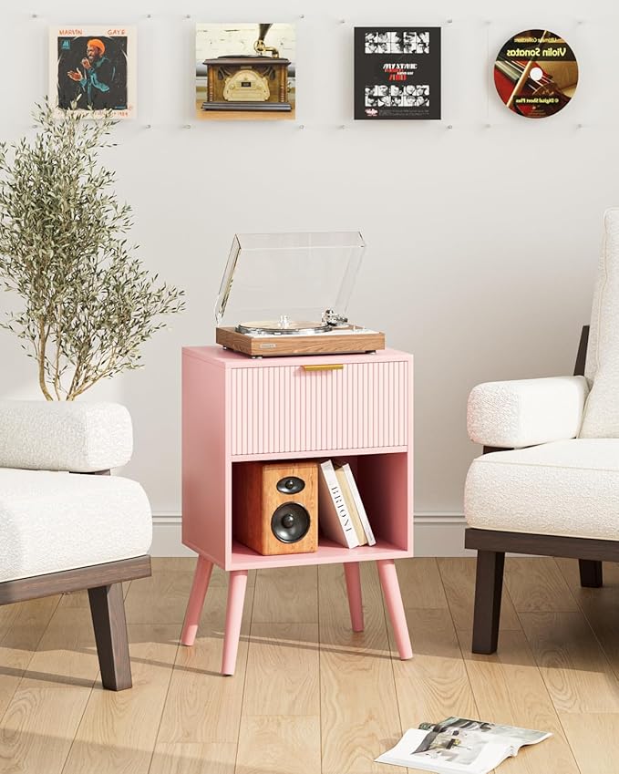 Nightstand, Small Side Table, Bedside Table with Drawer, Modern Night Stand, End Table for Bedroom, Living Room (Pink Stripe)