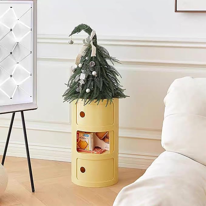3 Tier Round Nightstand with Drawers, Light Yellow Round Side Table Small Plastic Storage End Table Suitable for Bedroom, Living Room, Bathroom (Light Yellow)