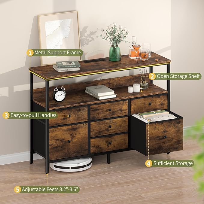 Yoobure LED TV Stand for Bedroom, 50 Inch Kids Dresser With Power Outlets, 7 Drawers Entertainment Center With Storage Shelf, Living Room Console