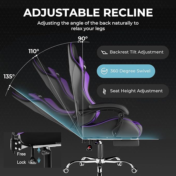 GTPLAYER Gaming Chair, Computer Chair with Footrest and Lumbar Support, Height Adjustable Game Chair with 360°-Swivel Seat and Headrest and for Office or Gaming (Faux Leather, Purple)