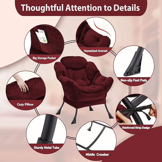 Lazy Chair Thick Padded, Comfy Velvet Accent Lounge Chair with Stable Frame, Leisure Sofa Armchair with Armrests and Side Pocket, Reading Chair for Bedroom, Living Room, Office, Burgundy
