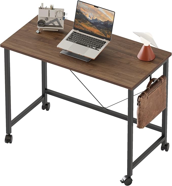 Rolling Computer Desk with Wheels, Gaming Desk for Small Spaces, Modern Simple Style Table for Home Office, Study Writing Table (Caster, Walnut, 32 inch)
