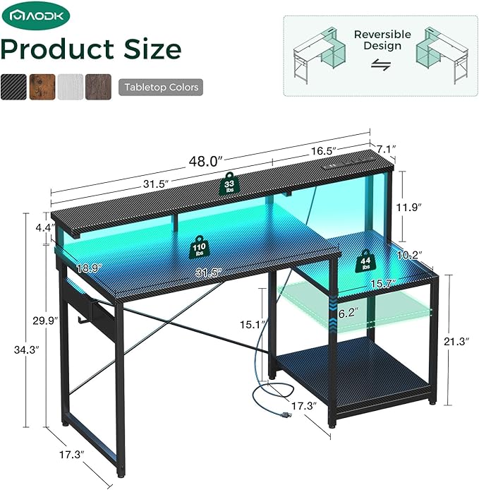 AODK Computer Desk, 48 Inch Gaming Desk with Led Lights & Power Outlet, Office Desk with Storage Shelves, Reversible Desk with Monitor Shelf & Headphone Hook, Carbon Fiber Black