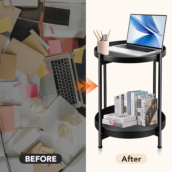 Small Side Table Round for Small Spaces Indoor Outdoor, Mini End Table Metal, 2 Tier Plant Stand Foldable, Bedside Table for Living Room, Bed Side, Sofa Side, Patio, Night Stand 20.5'' Tall, Black