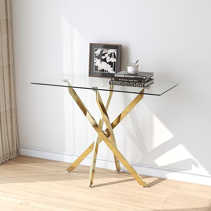 Tempered Glass Console Table with Chromed Legs, Modern Narrow Sofa Table for Hallway Entryway (Gold, 39"x18"x30")