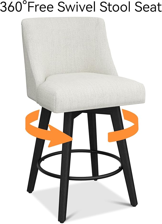 Counter Height Bar Stools Set of 2, Modern Swivel Barstools with Back and Wood Legs, Linen Fabric Upholstered Counter Height Stools, 26" H Kitchen Island Stools, Home Bar, Pub, Ivory