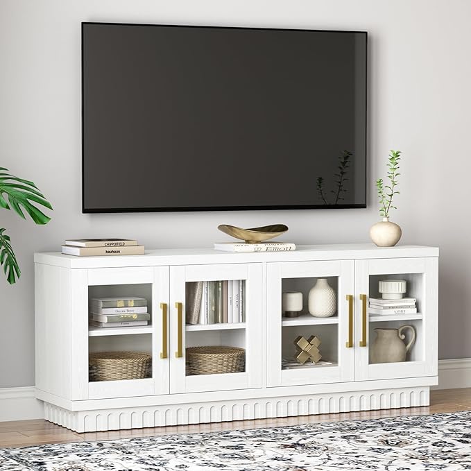 TV Stand for TVs up to 65 Inch, Entertainment Center with Storage Cabinets, Contemporary Modern TV Cabinet Media Console Table with Glass Doors for Living Room Bedroom, Montauk White
