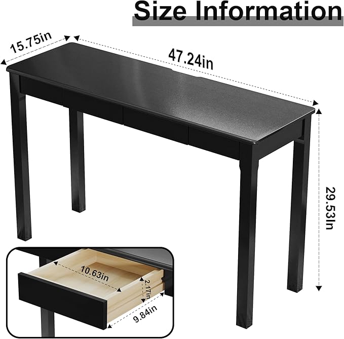 Solid Wood Desk with Drawers - 47 x 16 Inch Modern Narrow Desks, Rubber Wood Study Table, Small Writing Desk for Small Spaces|Bedroom - Black Desks
