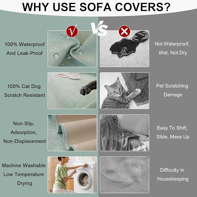 STACYPIK 100% Waterproof Sea Green Sofa Covers, Couch Cover for Sectional, Anti-Cat Scratch Furniture Protector, Washable Jacquard Sofa Cover for Dogs, Kids, Wear Resistant Sofa Slipcover-71X90IN