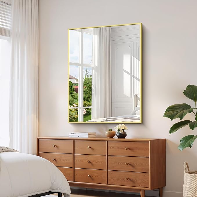 YIROMAN Bathroom Mirror 48"x36", Large Brushed Gold Bathroom Mirror for Over Sink with Aluminum Frame, Rectangular Vanity Mirror with Right Angle, Wall Mirror Hangs Horizontal or Vertical