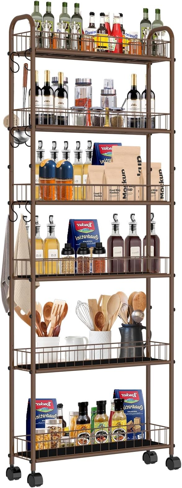 6-Tier Slim Storage Cart with Wheels, 6in Narrow Rolling Shelf,Sturdy Slim Storage Ideal for Kitchen, Bathroom, and Laundry Room,Champagne Gold