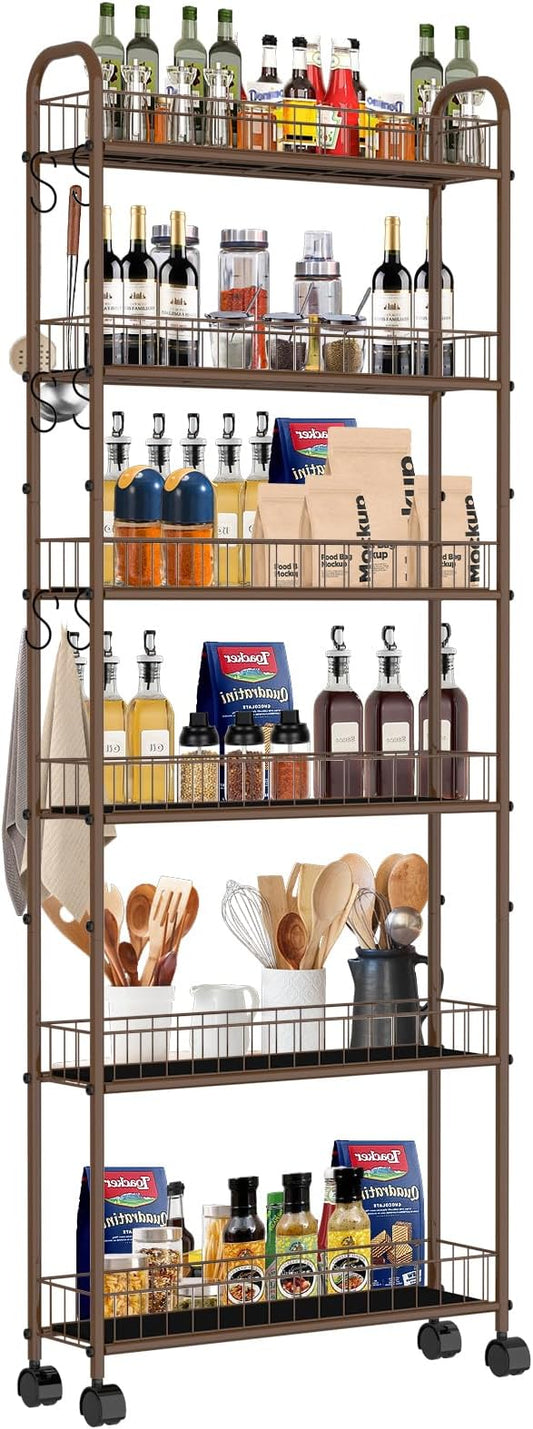 6-Tier Slim Storage Cart with Wheels, 6in Narrow Rolling Shelf,Sturdy Slim Storage Ideal for Kitchen, Bathroom, and Laundry Room,Champagne Gold