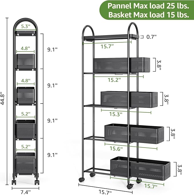 KINGRACK 5-Tier Slim Storage Cart with Pull Out Basket, Rolling Bathroom Organizer Utility, Metal Shelving Unit Slide Out, Lockable Wheels, Easy Assembly for Narrow Place, Kitchen, Laundry Room, Black
