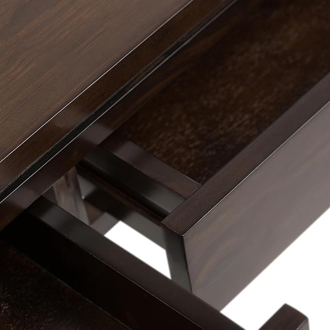 SIMPLIHOME Cosmopolitan Coffee Table - 42 inch Wide Solid Wood Contemporary Rectangle Cocktail Table in Mahogany Brown, Stylish Living Room Table with 2 Drawers and Square Brushed Nickel Knobs