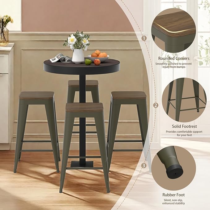 24 inch Backless Bar Stools Set of 4, Indoor Metal Bar Stools with Wood Seat, Industrial Counter Height Barstools for Kitchen Island, Rusty