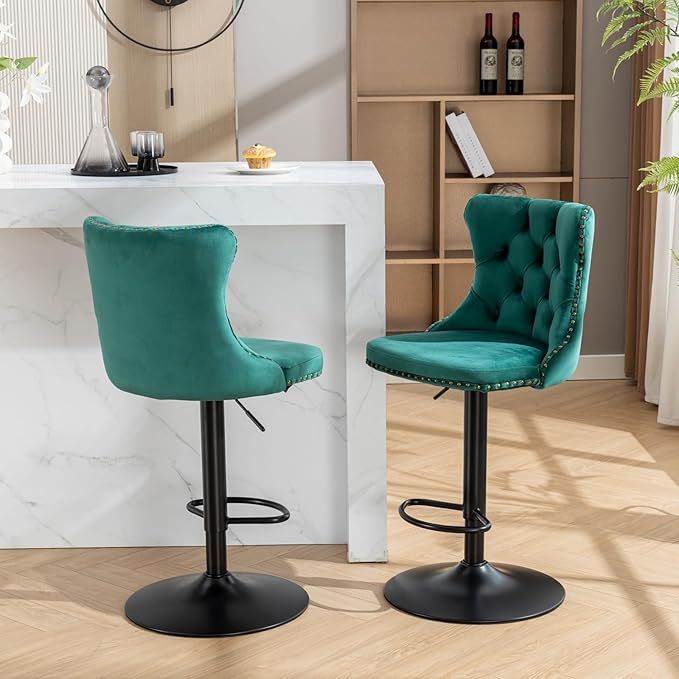PacknWood Acosure Swivel Velvet Bar Stools Adjusatble Seat Height from 25-33" with 17.7" Base, Modern Upholstered Chairs W/Backs Comfortable Tufted,for Home Pub,Kitchen,Green,Set of 2