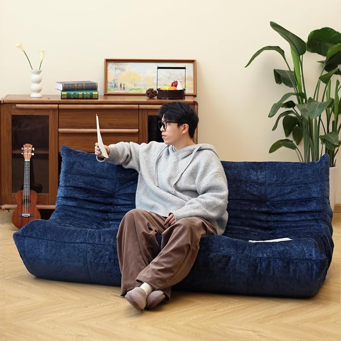 N&V Fireside Chair, Mid Century Armless Floor Sofa, Soft Premium Chenille Floor Lounge Chair, Foam Sofa Accent Chair for Living Room Bedroom and Office (Blue, Three Seater)