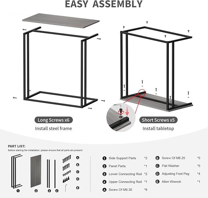 C-Shaped Side Table, Modern End Table with Metal Frame, Space Saving Design for Living Room，Large Surface Couch Table for Bedroom, and Home Office，24 x 12 x 24 inches (Grey)
