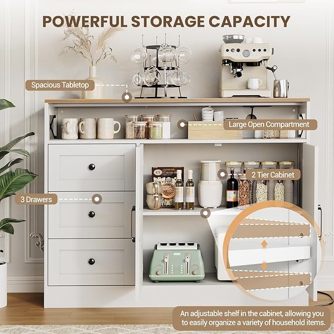 Buffet Cabinet Sideboard with Storage, 47" Farmhouse Coffee Bar Kitchen Buffet Storage Cabinet with 3 Drawers, Adjustable Shelves and Doors, Wood Kitchen Table for Dining Room Furniture