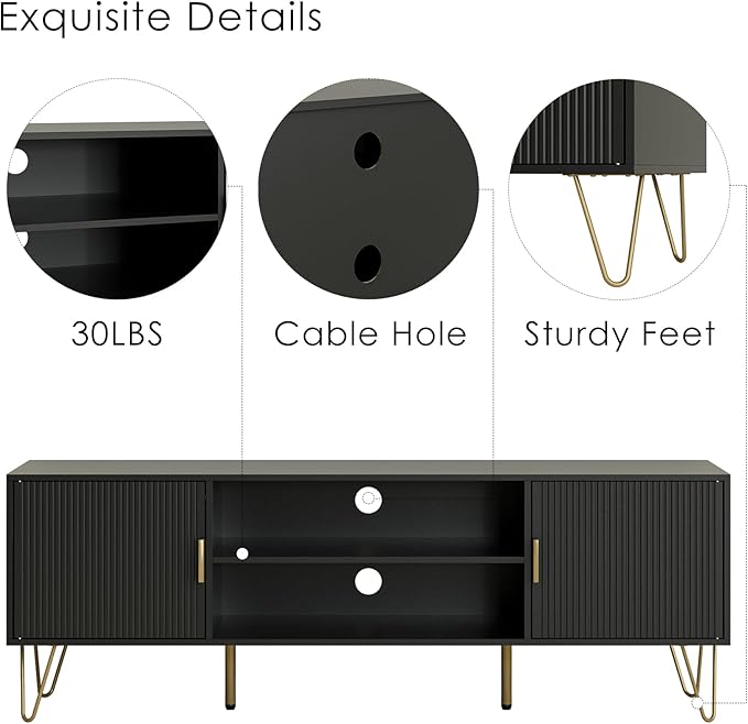 TV Stand for 55-65 inch TV, Entertainment Center with Soft Hinge Door,TV Console Table with 2 Cabinets with Gold Handle and Feet,for Living Room, Bedroom, Black