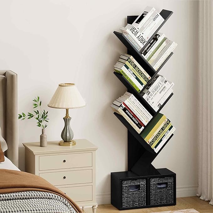 Vagusicc Tree Bookshelf, 6 Tier Bookshelf with Storage, Tall Narrow Bookcase, Rustic Wood Book Storage Rack for CDs/Books, Small Book Organizer Shelves for Bedroom, Living Room, Home Office, Black