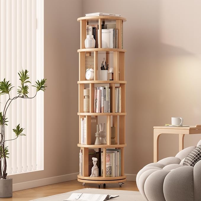 Solid Wood Rotating Bookshelf on Wheels, 5 Tier, Round Revolving Bookcase, 360° Spinning Book Shelf Tower for Kids, Narrow Rolling Bookshelves for Small Space, Corner, Bedroom, Office, Natural