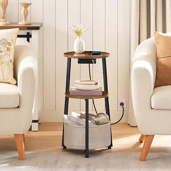 HOOBRO Small Round Side Table with Charging Station, Round End Accent Table with Storage Basket, Compact Sofa Bedside Table for Small Space in Living Room, Bedroom, Rustic Brown BF169UBZ01