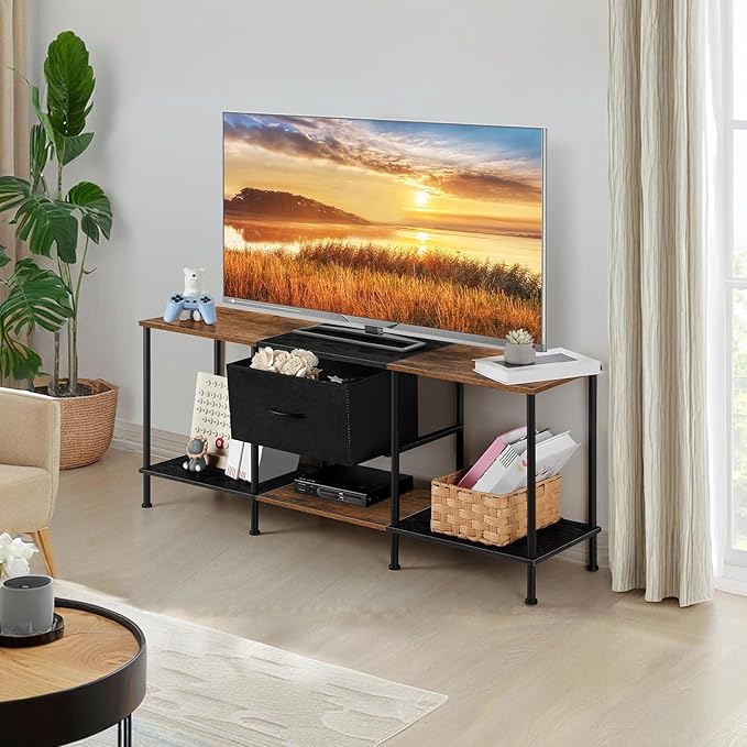 Vrisa TV Stand for 50/55 inch Television TV Cabinet with Open Storage TV Stands with Fabric Drawer Storage Organization TV Stands for Living Room Bedroom, Black+Brown