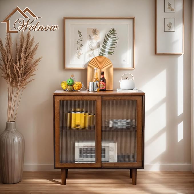Welnow Buffet Cabinet, Bamboo Sideboard with Storage Kitchen Display Cabinet with 2-Tier Shelves Boho Coffee Bar Tables for Kitchen, Living Room, Entryway, Office, Walnut