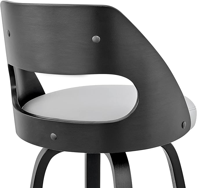 Armen Living Julius Mid Century Modern Swivel Bar Stool for Kitchen Island Counter in Gray Faux Leather and Black Wood, 26" Seat Height