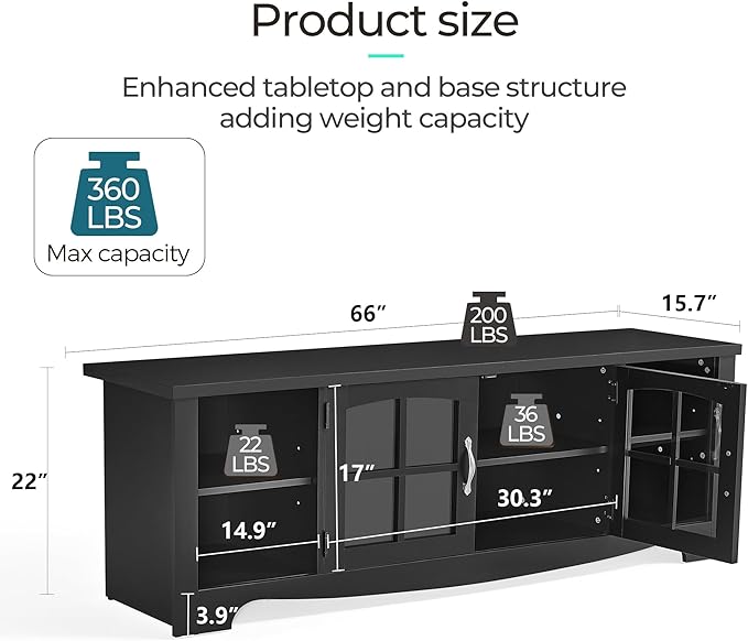 LINSY HOME TV Stand for 75 Inch TV, Modern Farmhouse Entertainment Center with Storage Cabinets and Glass Doors, Tall Media Console Table for Living Room, Bedroom, Large Long Television Stand, Black