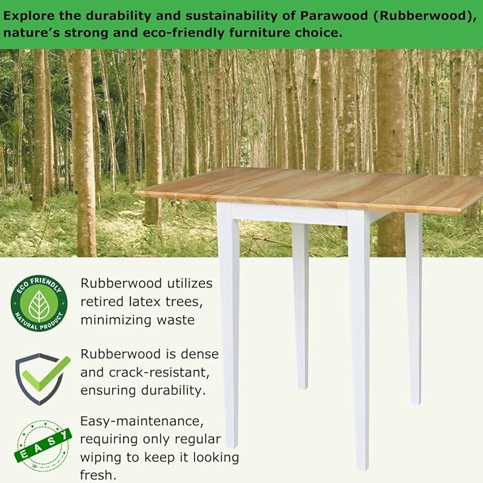 IC International Concepts, Solid Wood Small Drop Leaf Dining Table, Solid Real Wood, Sturdy Parawood, White/Natural