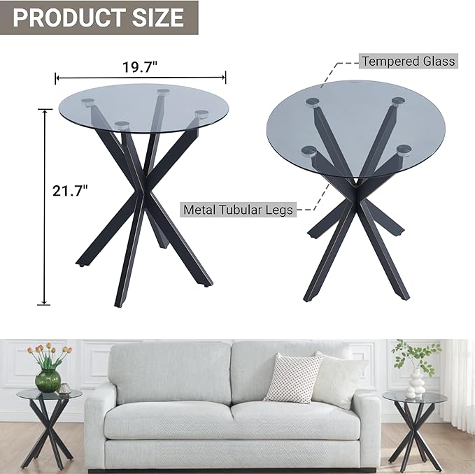 Modern Glass End Table, Small Round Side Table for Couch, Sofa Table with Grey Tempered Glass Top for Living Room, Bedroom, Bedside, 19.7" Wx21.7 H Black