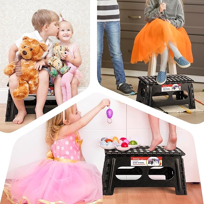 ACSTEP Folding Step Stool, 15-Inch Extra Wide 9Inch Height Heavy Duty Stepping Stool More Safe and Comfortable Non Slip Foldable Step Stool for Kids and Adults Black, 10 Pack