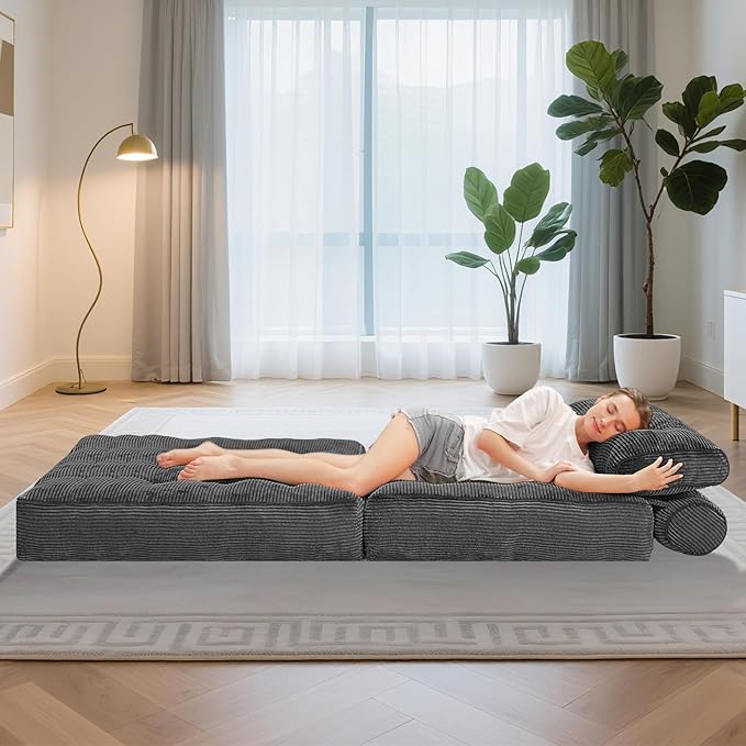 HABUTWAY Folding Sofa Bed, Convertible Sleeper Chair Bed w/Dual-Pillow & Handle, Foldable Floor Sofa Lounge w/Back Support for Living Room, Bedroom, Apartment, Office, Grey