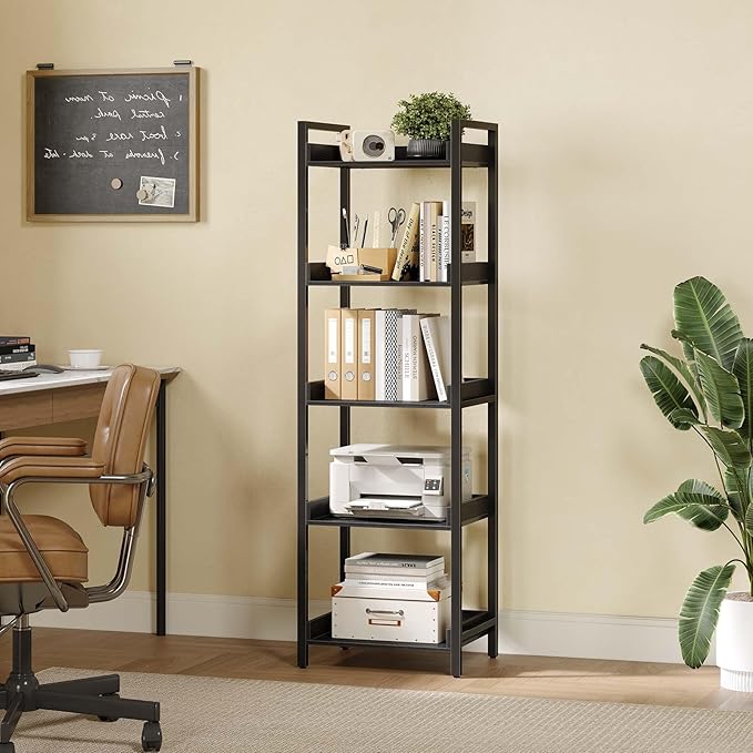 Rolanstar Bookshelf, 5-Tier Storage Rack, Narrow Corner Bookshelf, Display Wooden Shelves for Living Room, Bathroom, Balcony, Kitchen,Black