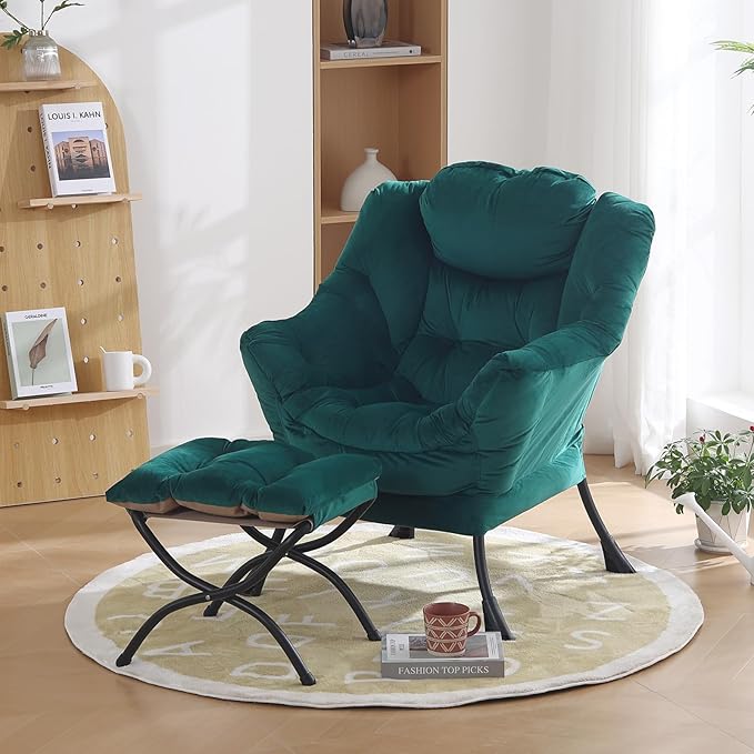 Oversized Chair with Ottoman, Modern Chair with Folding Footrest, Lounge Accent Chair, Comfortable Reading Chair for Bedroom, Study, Living Room, Courtyard (Velvet Dark Green