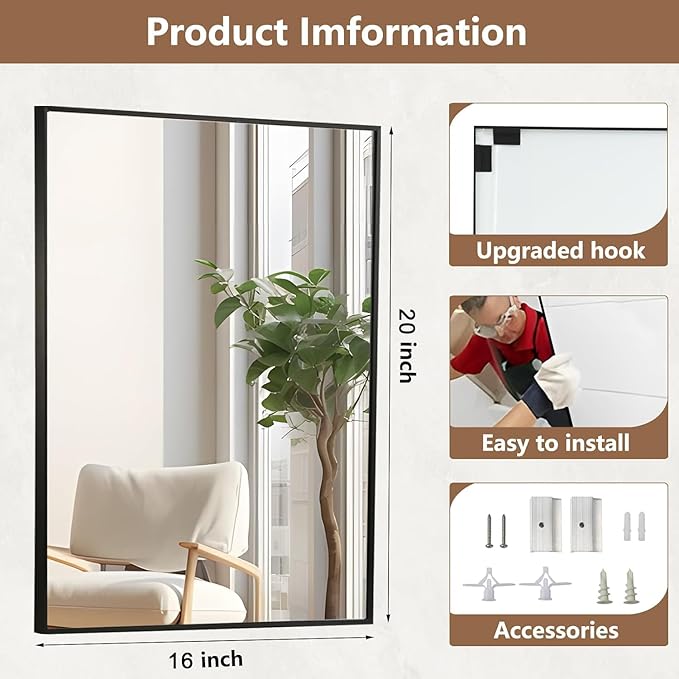 Black Bathroom Mirror, 16"x20" Rectangle Mirror, Matte Black Mirror, Metal Frame Square Corner Vanity Mirror, Wall Mounted Mirror for Modern, Living Room, Bedroom, Horizontal Or Vertical