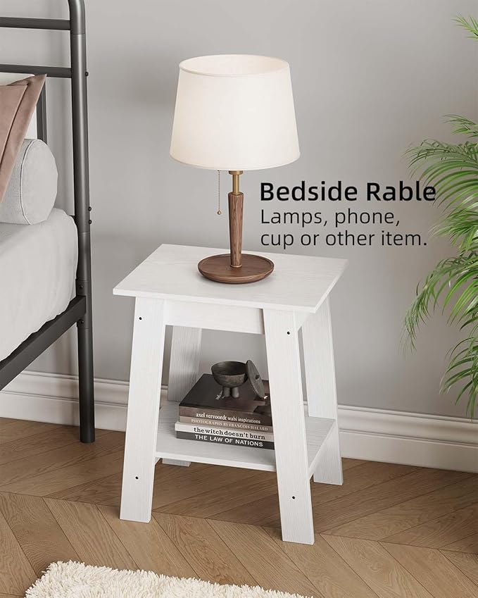 Garvee End Table, Side Table with 2-Tier Storage Shelf, Sofa Table for Small Space, Square Nightstand for Entryway, Farmhouse, Living Room, Easy Assembly, White
