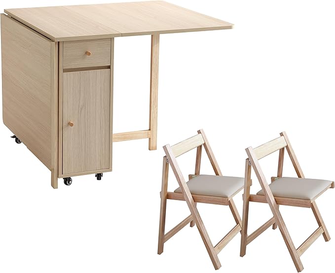 Wood Drop Leaf Folding Dining Table with 2 Drawers and 4 Wheels, Wood Padded Folding Chairs Set of 2, Space Saving Dining Table with 2 Chairs