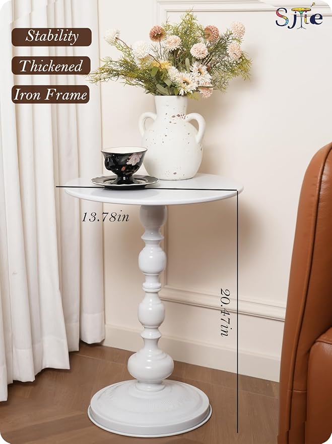 Side Table - 13.8" Round Small Accent Table with Metal Base, Multifunctional Vintage Coffee Table for Living Room, Bedroom, Office & Patio - Elegant Matte-Finished End Tables