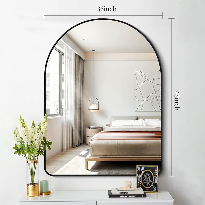 FORBATH Arched Mirror 36x48 Inch, Bathroom Mirror Wall Mounted Modern Black Aluminum Alloy Frame Decor Large Dresser Mirror for Bedroom Living Room Entryway, Hanging or Leaning Against Wall