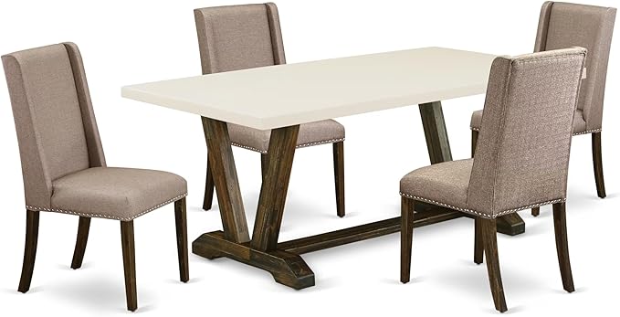 East West Furniture V727FL716-5 5 Piece Dining Room Furniture Set Includes a Rectangle Dining Table with V-Legs and 4 Dark Khaki Linen Fabric Upholstered Chairs, 40x72 Inch, Multi-Color