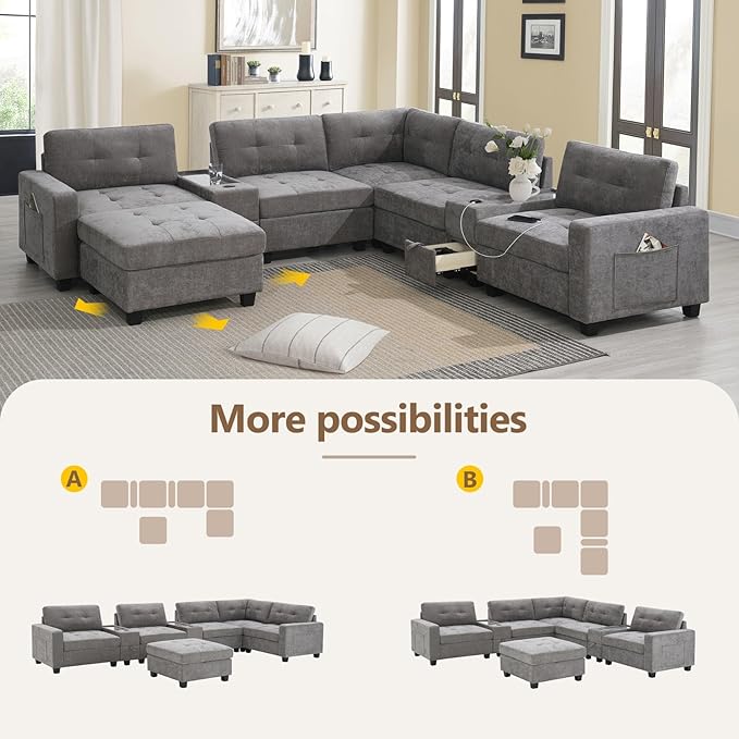 Merax 6 Seater Chenille Sectional Couches with 2 Acrylic Table Top Consoles, Upholstered Modular Tufted Sofa Chaise with Ottoman, Storage Drawers, Pockets, USB Charger & Cup Holders for Living Room