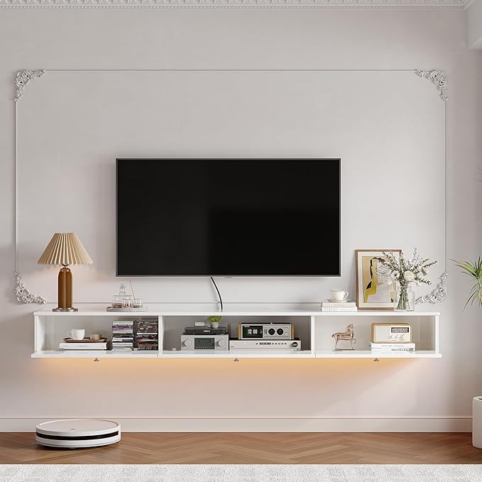 Retro Floating TV Console with 3 Doors,55'' High Gloss Floating TV Stand,Wall Mounted TV Cabinet,Contemporary Floating Media Console for Under TV Storage,Living Room,Bedroom(White)