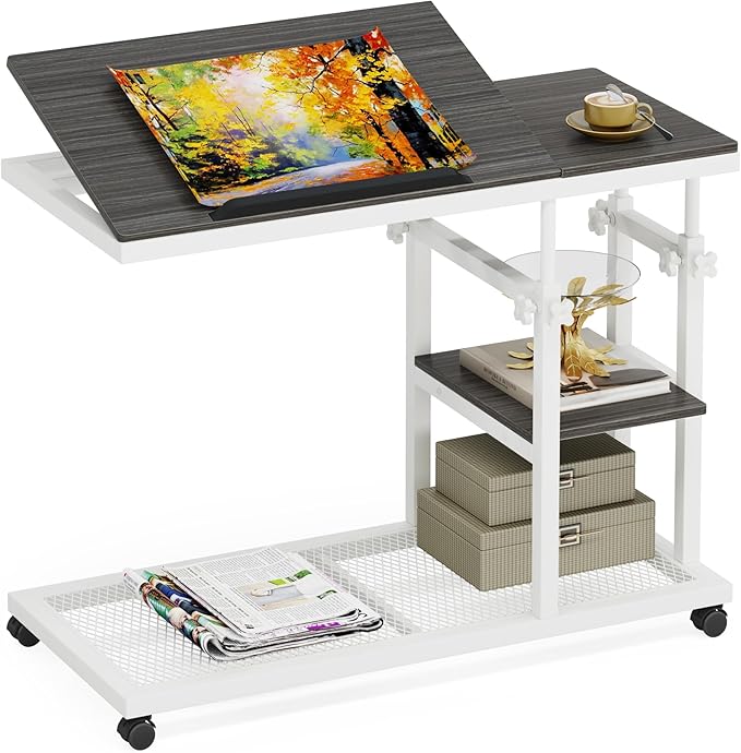 Tribesigns Height Adjustable C Table with Wheels, Mobile Couch Snack Side Table with Tiltable Drawing Board, Sofa Bedside Laptop Stand C Shaped TV Tray with Storage Shelves (Grey+White)