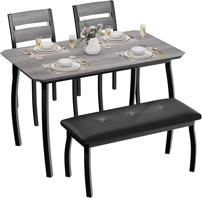 Dining Table Set for 4, Wooden Kitchen Table with Upholstered Bench & 2 Cushion Chairs, Space-Saving Dinette Set for Studio, Kitchen, Dining Room, Apartment(43''x28''x30''), Gray