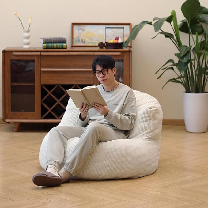 N&V Large Crescent Bean Bag Chair, Adult Size Bean Bag Sack, Foam Filling, Soft Premium Corduroy Bean Bag for Living Room Bedroom Dorm and Office (Ivory)